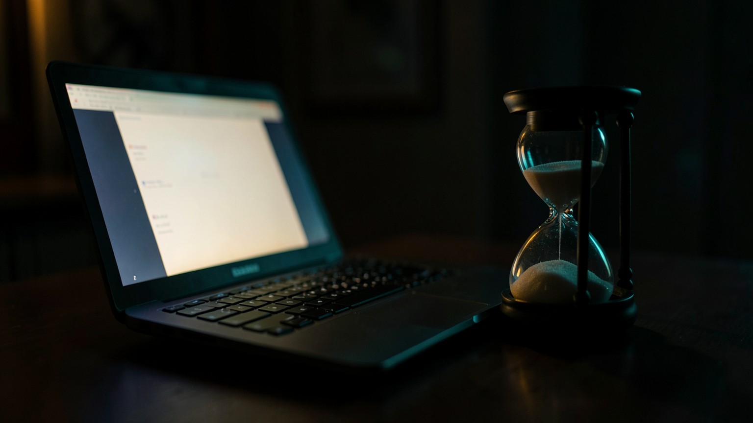 Un portátil brillando en una habitación oscura junto a un reloj de arena antiguo con la arena cayendo, evocando la ansiedad de ver cómo se agota una cuota de uso compartida