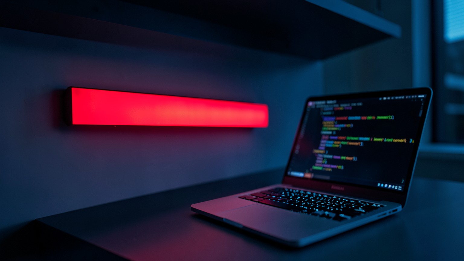 Un escritorio oscuro con una tira LED horizontal encendida en rojo de punta a punta sobre un portátil con código, evocando un contador de uso al máximo